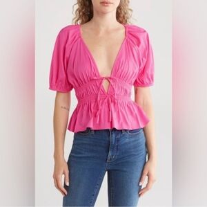 WAYF Blouse Puff Sleeves V-neckline Tie front, Smocked Waist Women's XL Boho